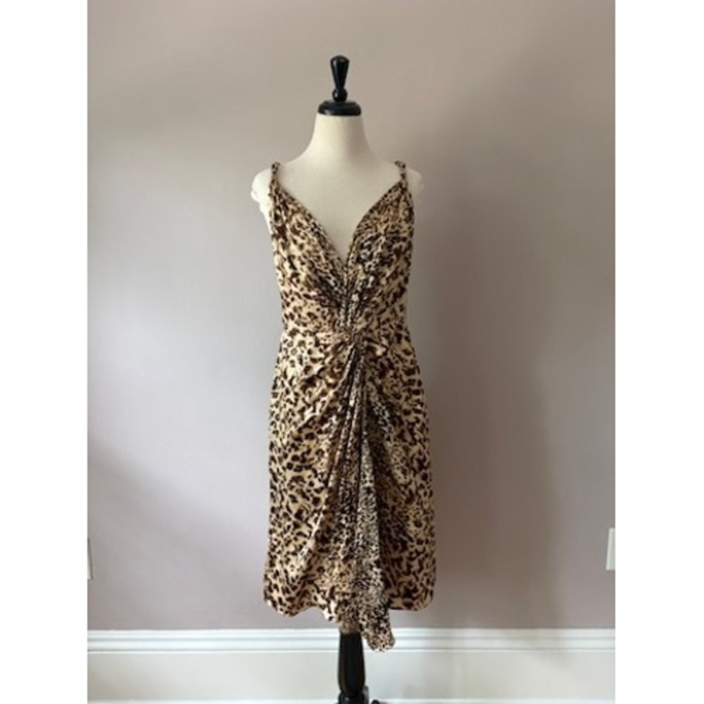 Badgley Mischka Collection Silk Leopard Print Draped V-Neck Midi Dress 12